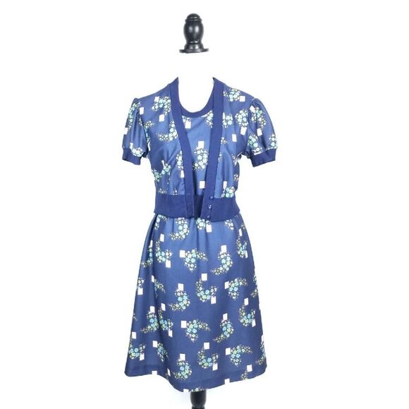 Vintage 70's Blue Green Floral Print Jacket Layered Dress - Picture 1 of 10